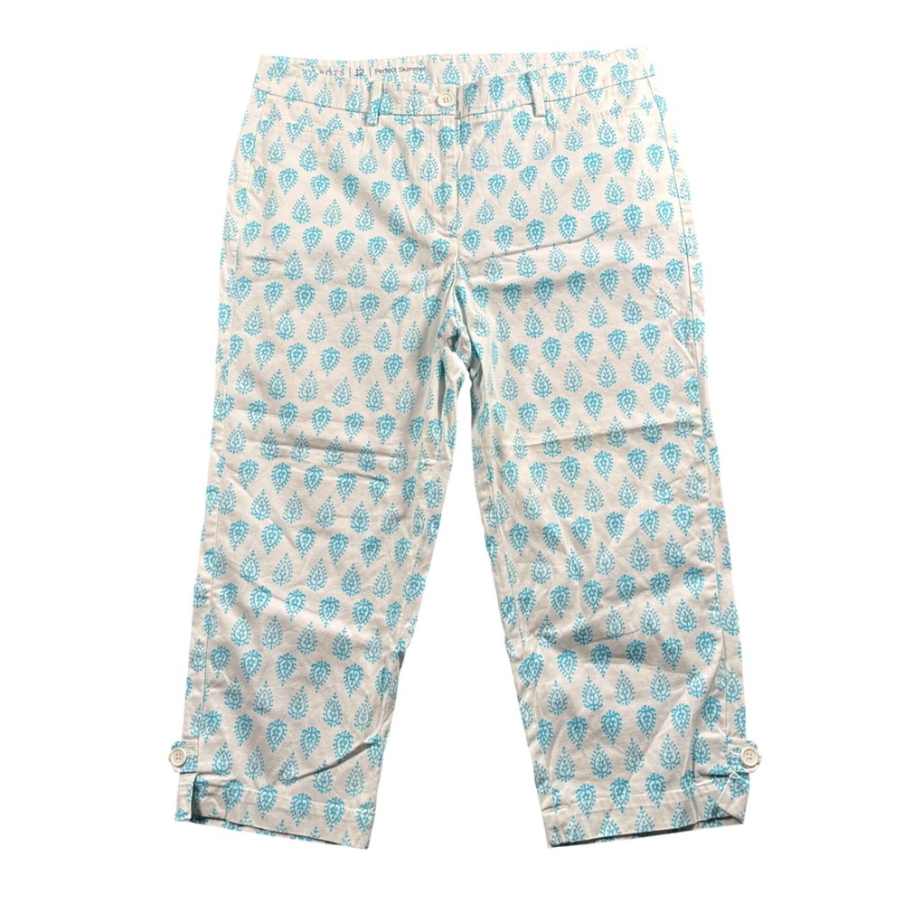 Talbots Perfect Skimmer Pants Women 12 Blue‎ White Paisley Preppy Coastal Chic
